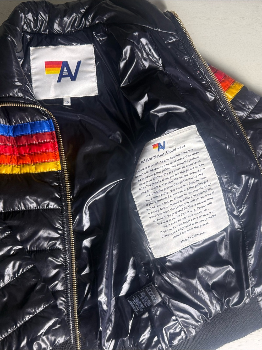 Aviator Nation Black Puffer Jacket with Rainbow Chest Stripes - Picture 2 of 3